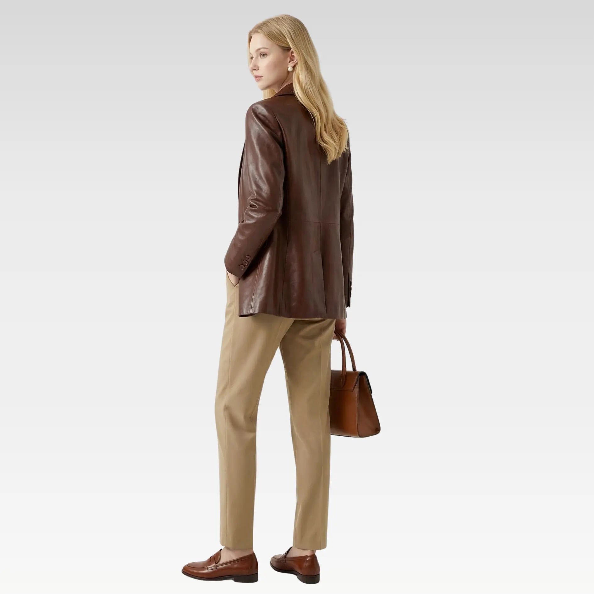 Side back view of women’s brown leather blazer with tailored fit