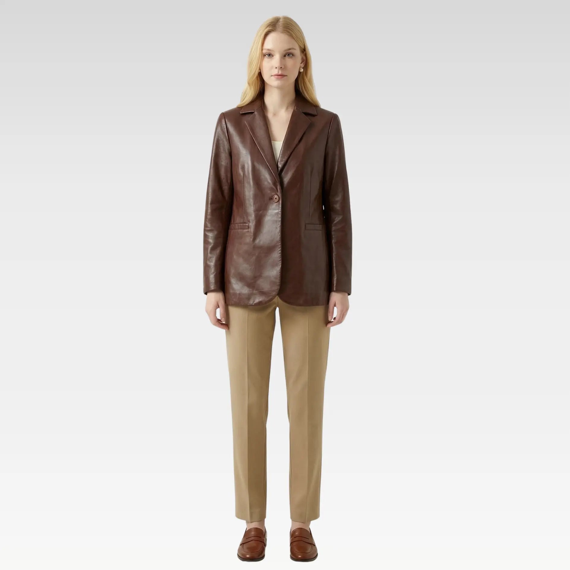Full front view of women’s brown single button leather blazer
