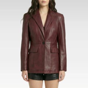 Front view of women’s burgundy lambskin leather blazer with structured fit